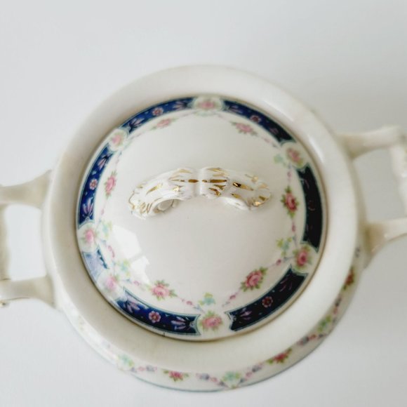 Rare Vintage Johnson Bro Sugar Bowl & Creamer, Blue Accent, Pink Floral, CRAZING - Picture 6 of 16